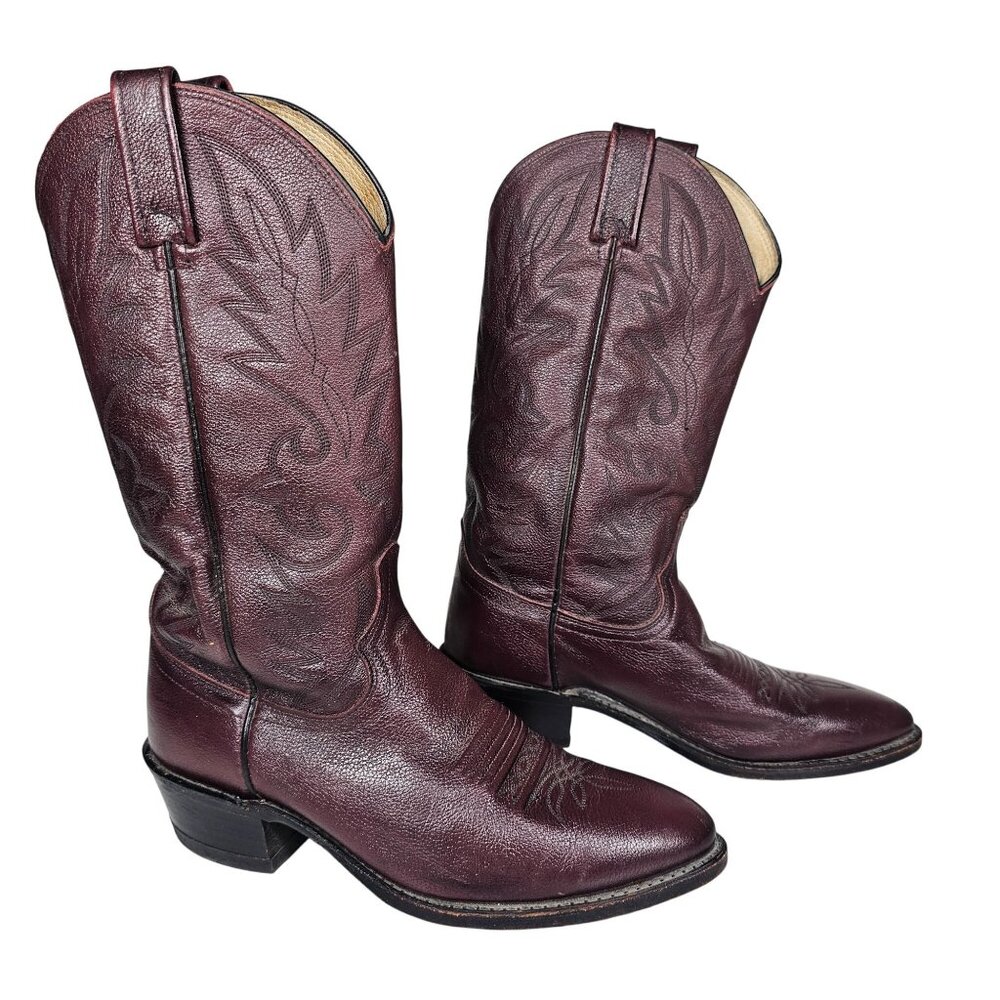 Vintage Dan Post Leather Western Cowboy Boots Burgundy‎ Embroidered Men's 8.5D
